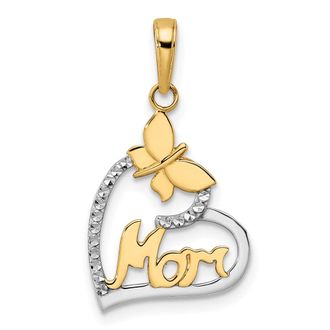 Diamond2Deal 14k Yellow Gold White Rhodium Diamond-cut Butterfly Mom in Heart Pendant