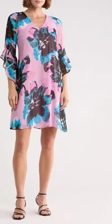 Calvin Klein Floral Print Trapeze Dress in Frosted Mauve Multi at Nordstrom Rack, Size 14