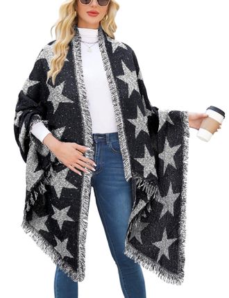 Heekpek Women Large Oversized Scarf Pashmina Wrap Poncho Thick Style Scarf Patchwork Cape Shawl (Star-black)(Size: One Size)