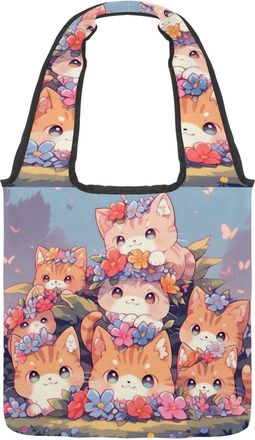 Generic Colorful Cartoon Kitten Reversible Canvas Shoulder Tote - Double-Sided Print, 12oz Cotton, 27cm Drop, Fold-Flat Bag for Travel, Shopping, Street Outin
