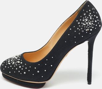 Charlotte Olympia Black Canvas Crystal Embellished Dotty Platform Pumps