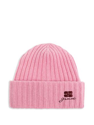 Ganni ribbed embroidered beanie - Pink