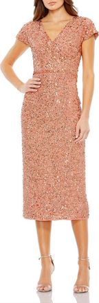Mac Duggal Sequined Short Sleeve Wrap Over Cocktail Dress in Copper at Nordstrom, Size 16