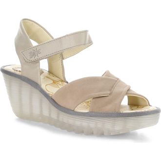 FLY London Yorg Ankle Strap Platform Wedge Sandal in Taupe at Nordstrom, Size 10-10.5Us