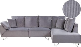 Beliani Sof&aacute; Esquinero Tapizado En Pana Gris 266 X 181 Cm Cojines Adicionales Patas Cromadas Lunner