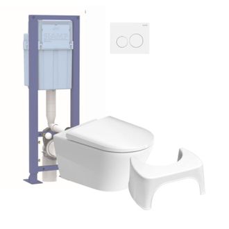 Duravit Pack Wc Suspendido Sin Aro Duravit D-neo Con Asiento Antica&iacute;da + Estructura Soporte Siamp + Placa Cromada + Taburete
