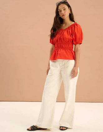 Omnes Womens Ola Shirred Detail Short Sleeve Top in Red - Size: 14