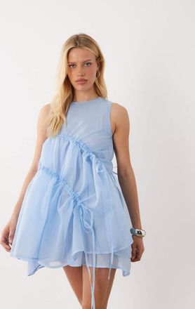 Ghospell Indie - Vestito corto azzurro senza maniche con strato sovrapposto in rete e coulisse-Blu