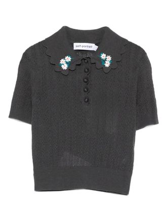 Self Portrait floral-appliqu&eacute; polo shirt - Grey