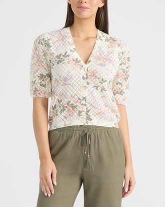 Ellen Tracy Womens Printed Flutter Sleeve Pointelle Sweater