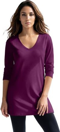 Roaman's Plus Size Cotton Ultimate Long Sleeve V Neck Tunic in Dark Berry at Nordstrom, Size Medium