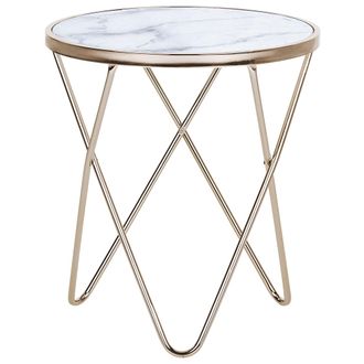 Beliani Beliani - Mesa Auxiliar Tablero De Cristal Templado Con Efecto M&aacute;rmol Blanco Patas De Horquilla De Metal Dorado Forma Redonda Meridian Ii