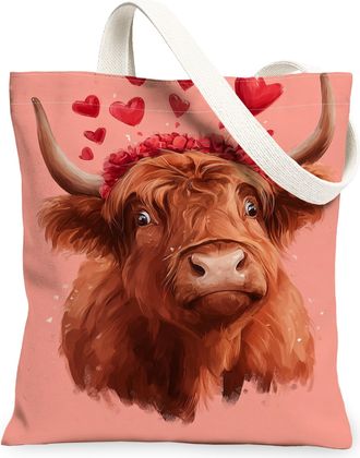 Generic ValentineS Day Cow Canvas Tote Bags, Cute Animal Heart Pattern Reusable Shopping Bags, Lightweight Washable Shoulder Strap, Peach, 13x15 Inch