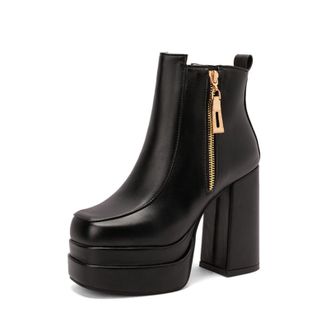 Generic Womens Platform Chunky Block Heel Ankle Boots Heel with Side Zip Detail for Trendy Casual Wear,Black,5.5 UK