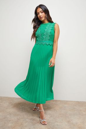 Oasis Womens Petite Lace Pleated Sleeveless Midi Dress - Green - Size 12 UK