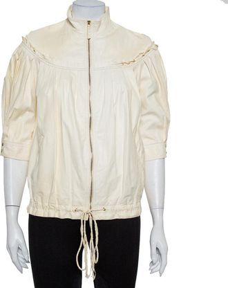 Roberto Cavalli Cream Leather Pleated Detail Zipper Front Jacket