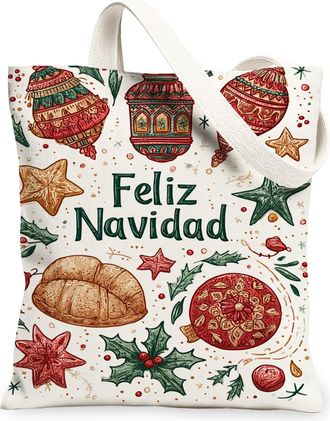 Generic Christmas Ornament Canvas Tote Bags, Holiday Decor Pattern Reusable Grocery Bags, Festive Vintage Lightweight Washable Shou, White, 13x15 Inch