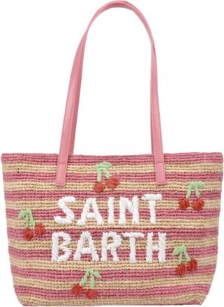 Saint Barth Raffia City Mid Strepen Kersen Tas - Dames - Shoppers - Roze - ONE Size - Tassen