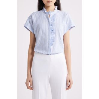 Anne Klein Pinstripe Ruffle Trim Linen Blend Button-Up Top in Lagoon/Crisp White at Nordstrom, Size Xx-Small