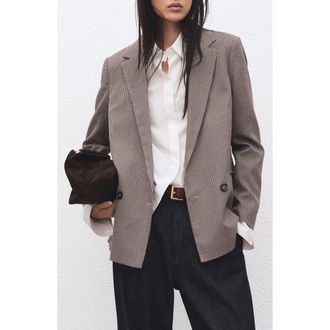 Mango Houndstooth Microcheck Double Breasted Blazer in Burgundy at Nordstrom, Size Medium
