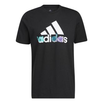adidas Mens adidas Logo Cartoon Pattern Printing Round Neck Short Sleeve Black T-Shirt HE4837