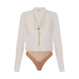 Elisabetta Franchi Body in Georgette con Catena e Fibbia in Raso - - Tops - Donna - Bianco - L