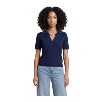Guess Polo Shirts, female, Blue, Size: XS V-Neck Wool Polo Shirt with Short Sleeves
