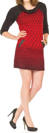 Papillon Geometric Ombre Print Cowl Neck Leather Trim Pocket Dress In Red