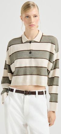 Brunello Cucinelli Cropped knit polo with sparkling stripes in Sage at Nordstrom, Size 3X-Large Eu