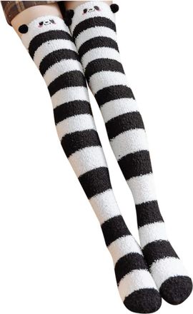 Generic Thigh High Socks, Cute Animal Coral Fleece Thigh High Long Striped Socks for Women Ladies Over The Knee Length Boot Stockings Home Floor Warmer Casual
