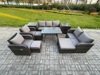 Fimous Outdoor Rattan Garden Furniture Set 10 Seater Patio Lounge Sofa Set with Dining Table 3 Footstools 2 Side Tables in Dark Grey
