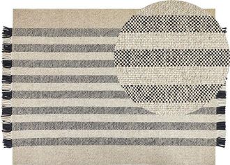 Beliani Alfombra De Lana Blanco Crema Negro 160 X 230 Cm Hecho A Mano Borlas Tacettin