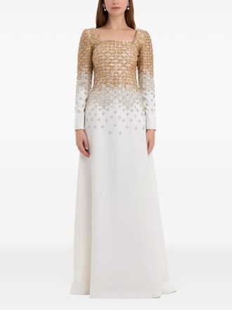 Dina Melwani gold silver ombr&eacute; crystal-embroidered gown - White