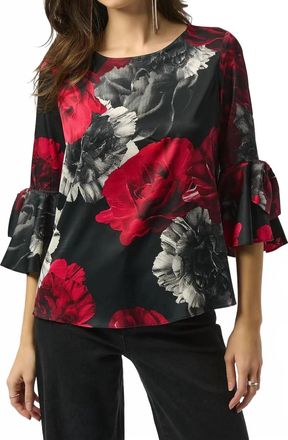 Joseph Ribkoff Floral Print Boat Neck 3/4 Sleeves Top In Black/red
