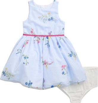 Pippa & Julie Kids Embroidered Floral Stripe Dress & Bloomers in Blue/White at Nordstrom, Size 12M