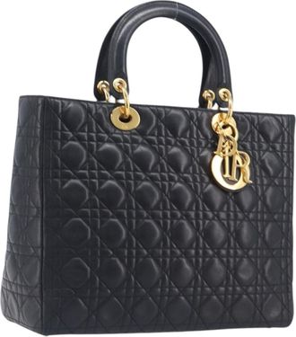 Dior Lady Dior Cannage Quilt Lambskin Black Leather Handbag (Pre-Owned)