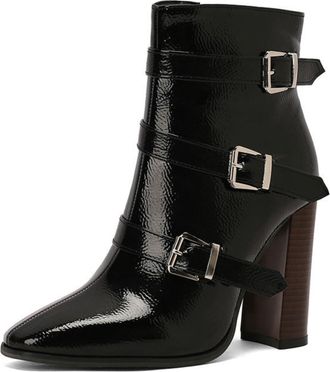 Generic Womens Square-Toe Buckle Detail Ankle Boots Chunky Heel Faux Leather Side Zip Booties,Black,1.5 UK