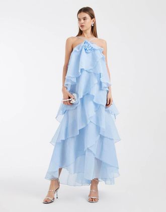 Vero Moda Vestito lungo allacciato al collo in chiffon blu stropicciato con volant e decorazione floreale