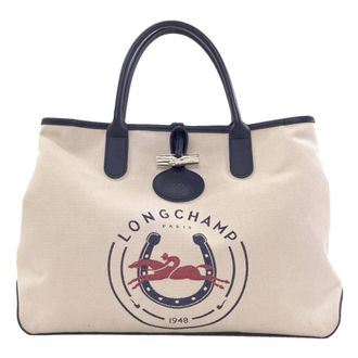 Longchamp Navy White Canvas Leather Tote Bag (Pre-Owned)