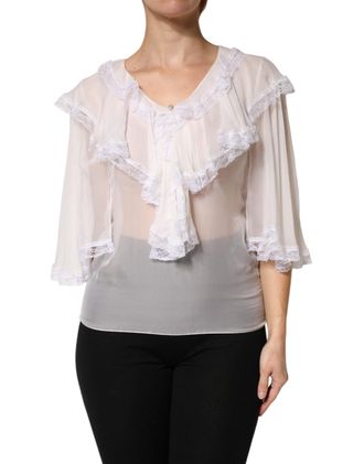Dolce & Gabbana Womens White Longsleeve Lace Trim Ruffled Blouse Top Nylon Silk Viscose