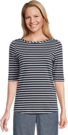 L.L.Bean Pima Cotton T-Shirts Boatneck Elbow Sleeve Stripe Womens Clothing Raven Blue/White : XL