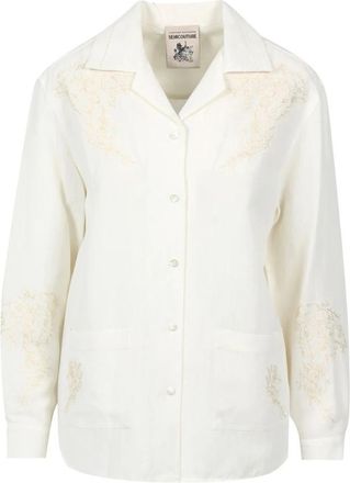 Semicouture Geborduurd bloemenshirt - Dames - Overhemden - Wit - L - Linnen - Overhemden