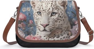 Generic White Leopard Peony Flowers Leather Crossbody Bags for Women Messenger Handbag Purse Shoulder Bag
