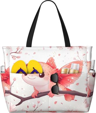 Generic Cute Axolotl Print Large Beach Bag Foldable Travel Shoulder Tote Bag With Pocket For Weekender Pool Vacation