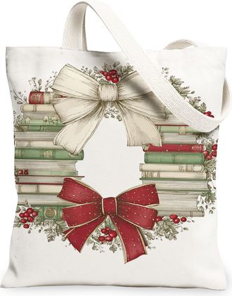 Generic Christmas Books Canvas Tote Bags, Vintage Floral Bow Design Reusable Grocery Bags, Holiday Lightweight Washable Shoulder St, White, 13x15 Inch
