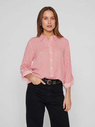 Vila Langarmbluse VILA VIROSA L/S SHIRT - NOOS, Damen, Gr. 34, weiss (cloud dancer stripes:dubarry), Web, Obermaterial: 100% Viskose, gestreift, regular fi