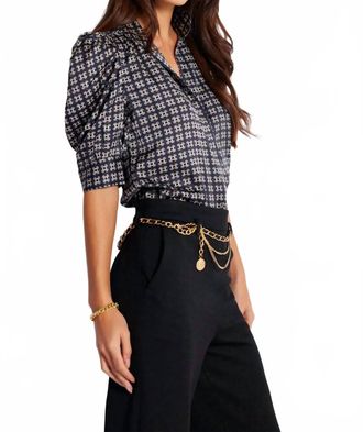 Bishop + Young Heritage Print Quarter Ruched Sleeve Top In Navy