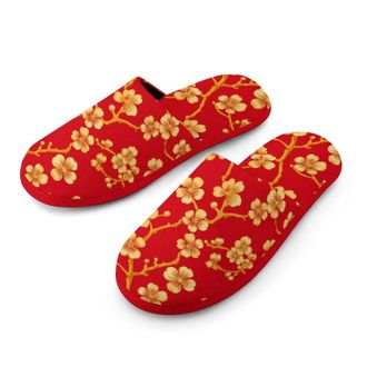 Generic Chinese New Year Flower Mens Flannel Slipper Soft Comfy House Shoes Non Slip Winter Warm Indoor Outdoor Slippers