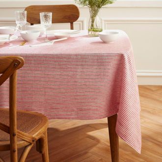 Solino Home Linen Tablecloth for Dining Table, Holiday and Everyday Dining Table Decor - Narrow Stripe in Red And White at Nordstrom, Size X-Small