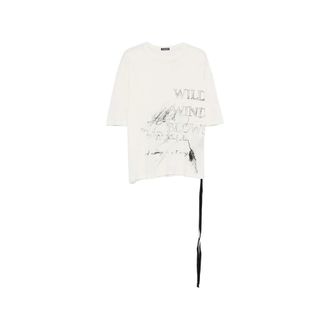 Ann Demeulemeester Tops, Heren, Wit, S, Text Print T-shirt met Strikdetail